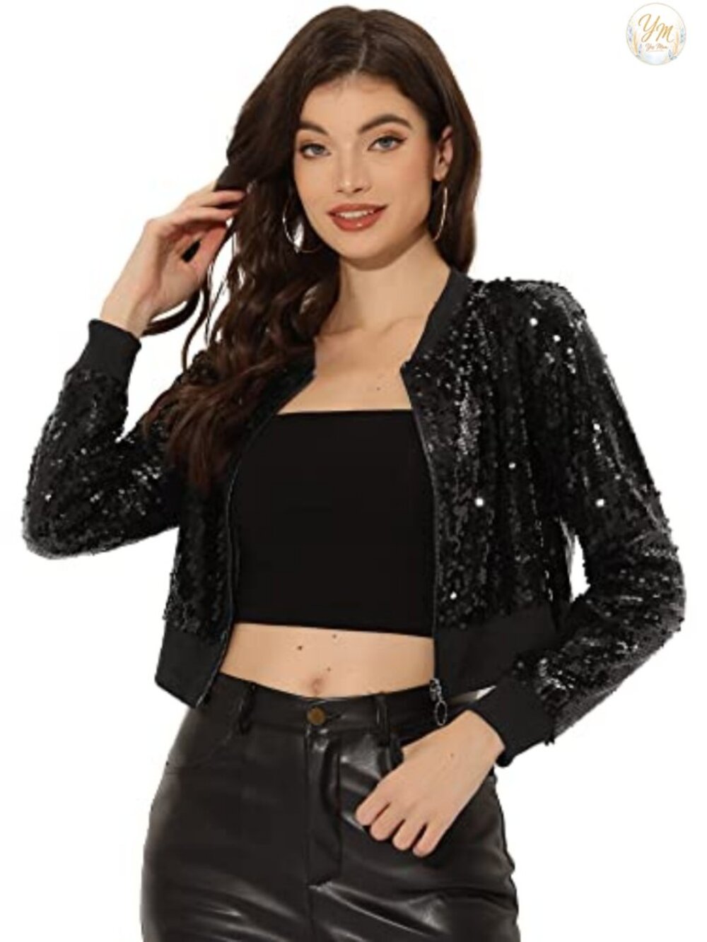 Sequin Bomber Jacket Women Metallic Cropped Long Sleeve Zip Up Party Top